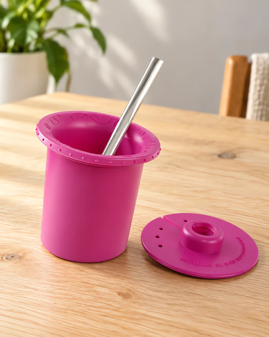 Parte interna de mate rosa chicle, con su bombilla y su disco
