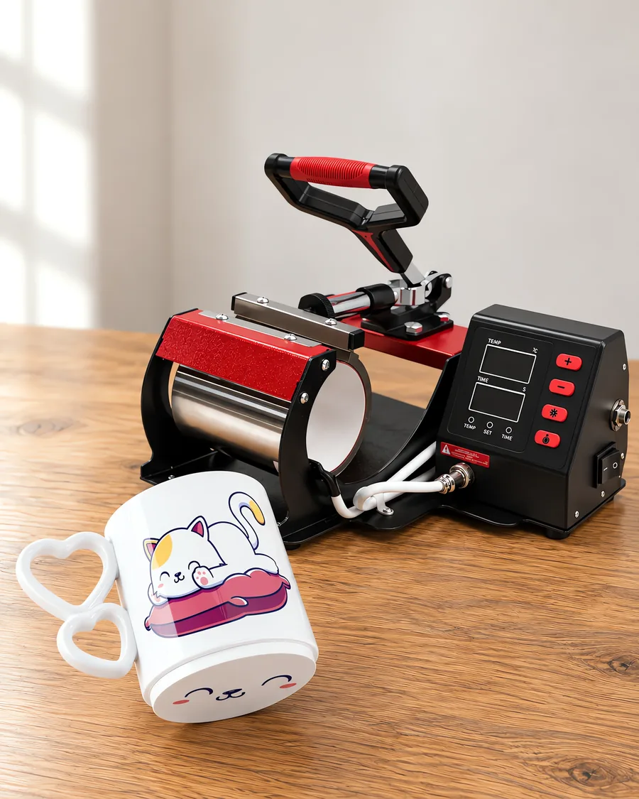 Taza de polímero sublimable con asa de corazón, con la prensa de tazas detrás