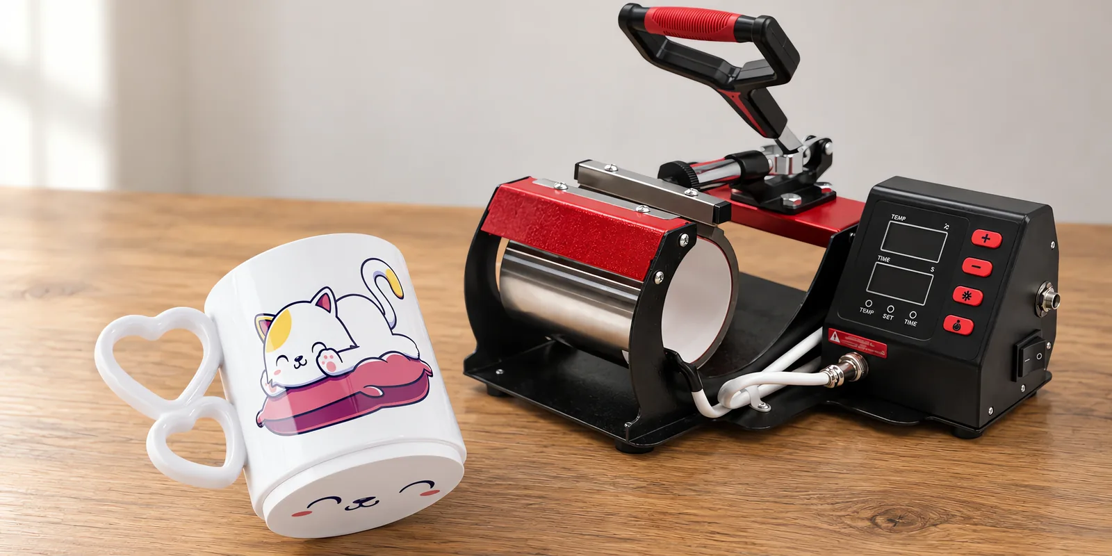 Taza de polímero sublimable con asa de corazón, con la prensa de tazas detrás