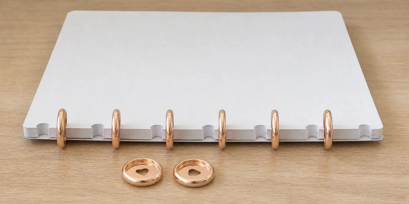 Discos de expansión rosa gold de 24 mm puestos en el lomo de un cuaderno, con dos discos sueltos delante
