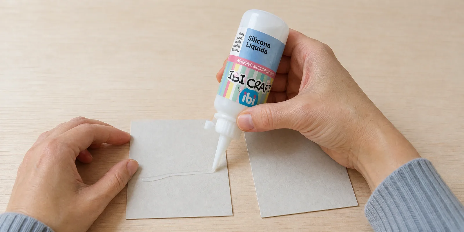 Manos aplicando silicona líquida del pomo de 60 ml sobre una cartulina