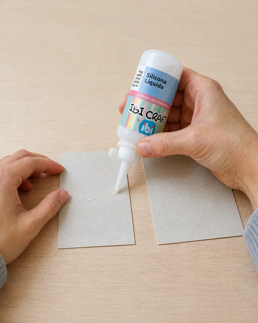 Manos aplicando silicona líquida del pomo de 60 ml sobre una cartulina