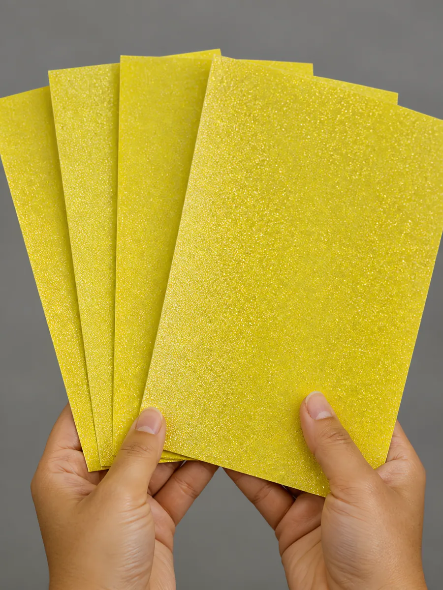 Manos sosteniendo varias hojas de papel con glitter amarillo carruaje brillante abiertas en abanico