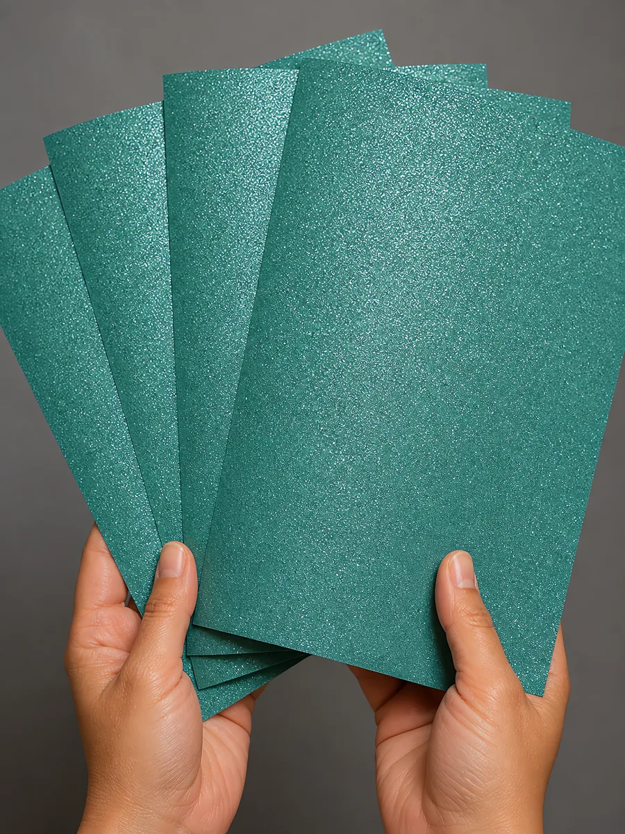 Manos sosteniendo varias hojas de papel con glitter azul alas de hada abiertas en abanico