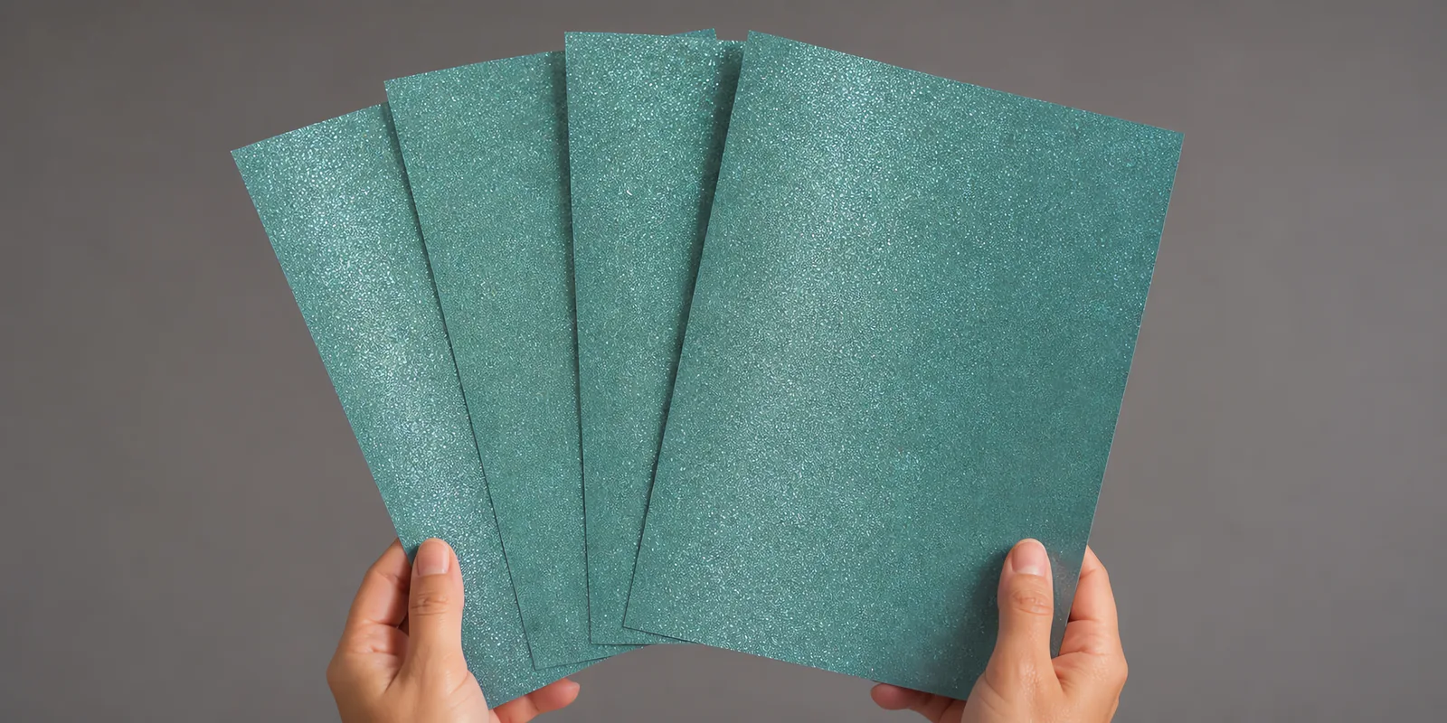 Manos sosteniendo varias hojas de papel con glitter azul alas de hada abiertas en abanico