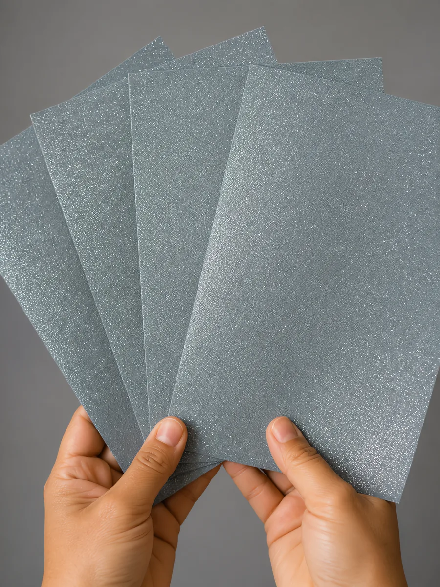 Manos sosteniendo varias hojas de papel con glitter azul mar misterioso abiertas en abanico