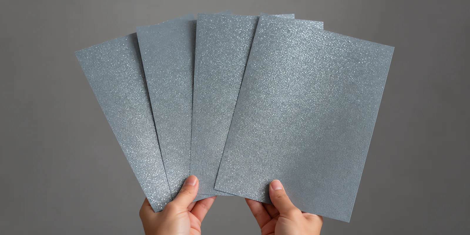 Manos sosteniendo varias hojas de papel con glitter azul mar misterioso abiertas en abanico