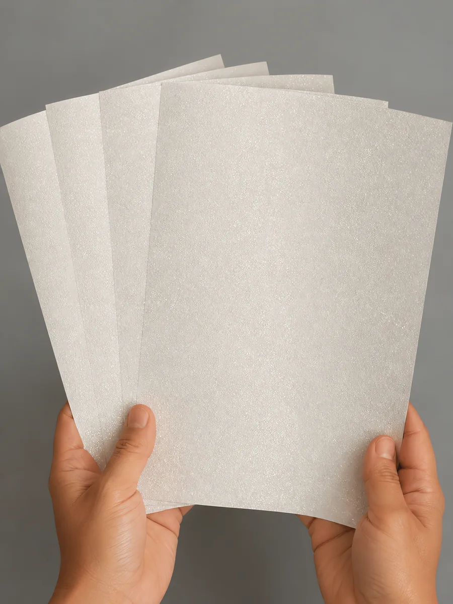 Manos sosteniendo varias hojas de papel con glitter blanco palacio polar abiertas en abanico
