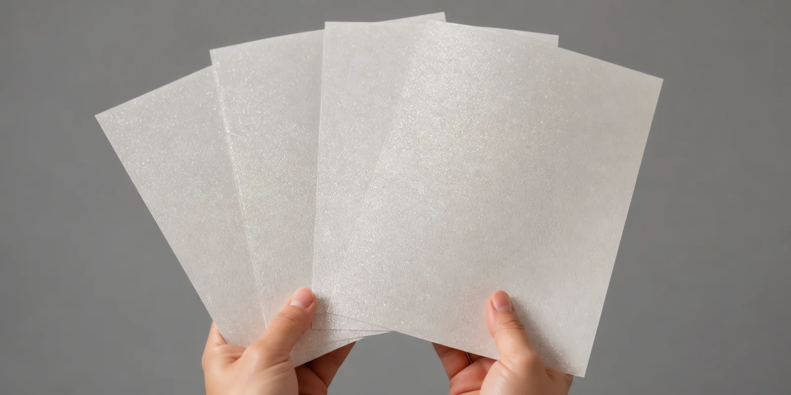 Manos sosteniendo varias hojas de papel con glitter blanco palacio polar abiertas en abanico