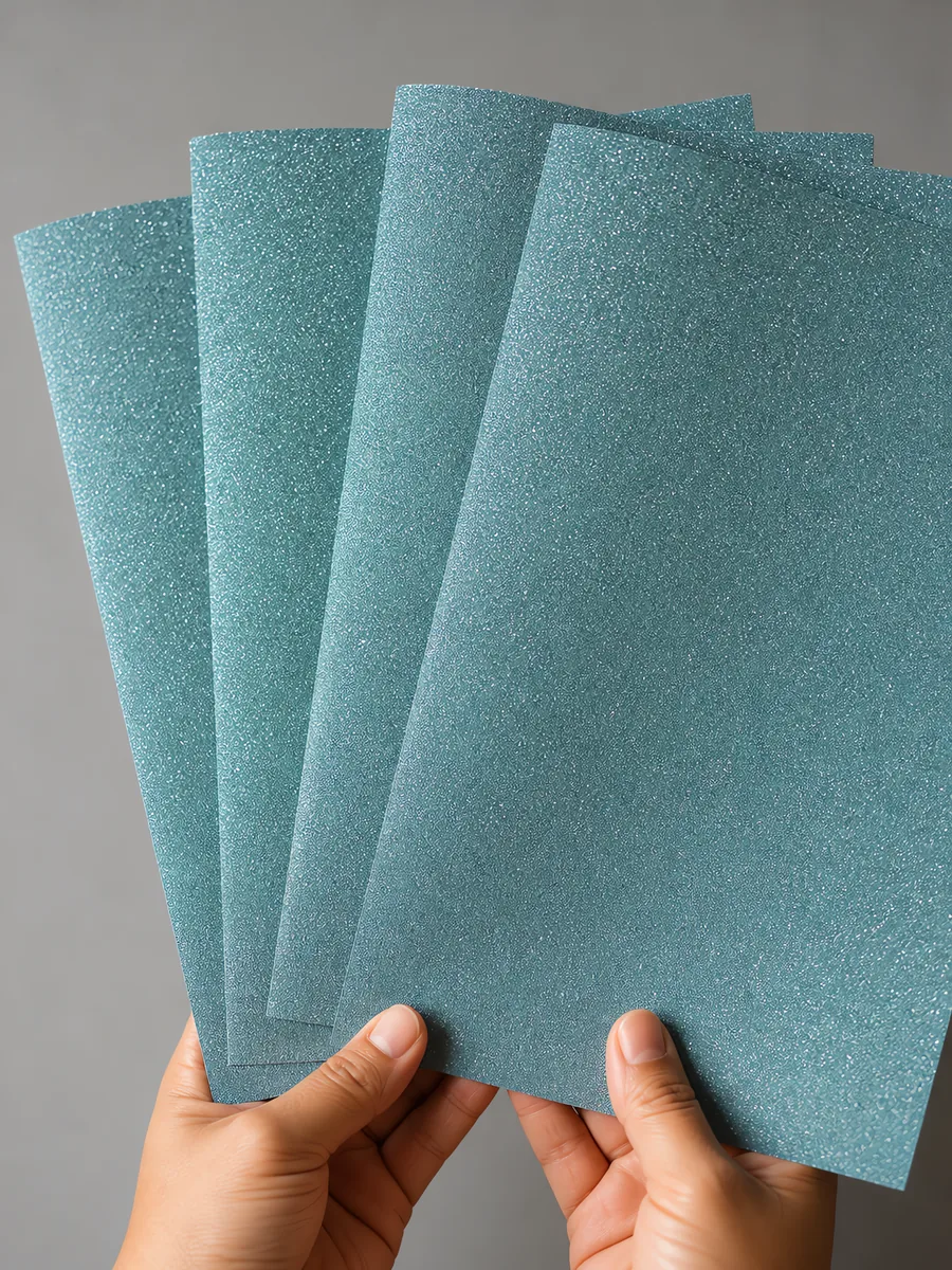 Manos sosteniendo varias hojas de papel con glitter celeste zapato de cristal abiertas en abanico