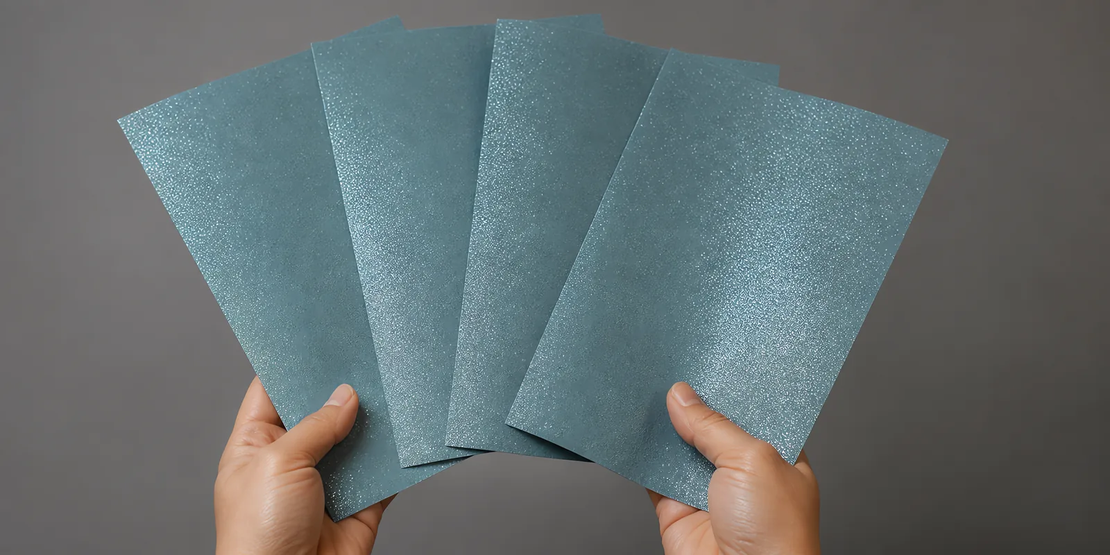 Manos sosteniendo varias hojas de papel con glitter celeste zapato de cristal abiertas en abanico