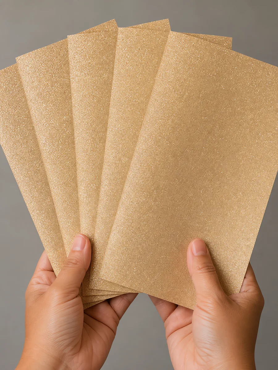Manos sosteniendo varias hojas de papel con glitter coral del mar abiertas en abanico