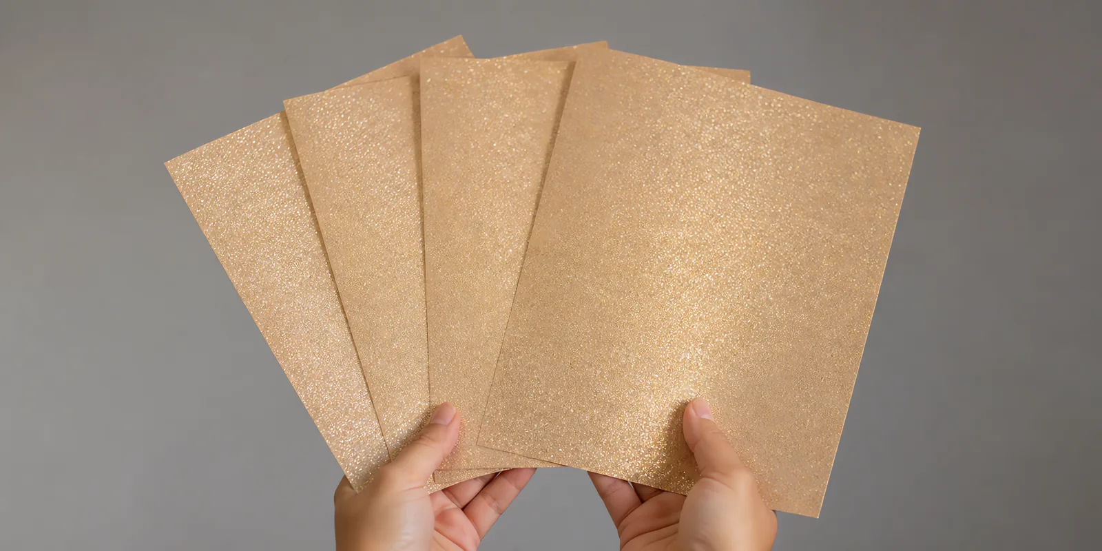 Manos sosteniendo varias hojas de papel con glitter coral del mar abiertas en abanico