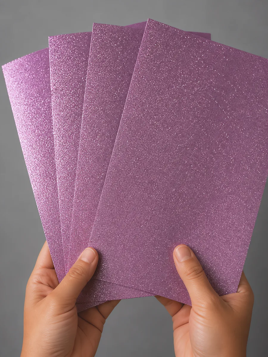 Manos sosteniendo varias hojas de papel con glitter indigo de los sueños abiertas en abanico