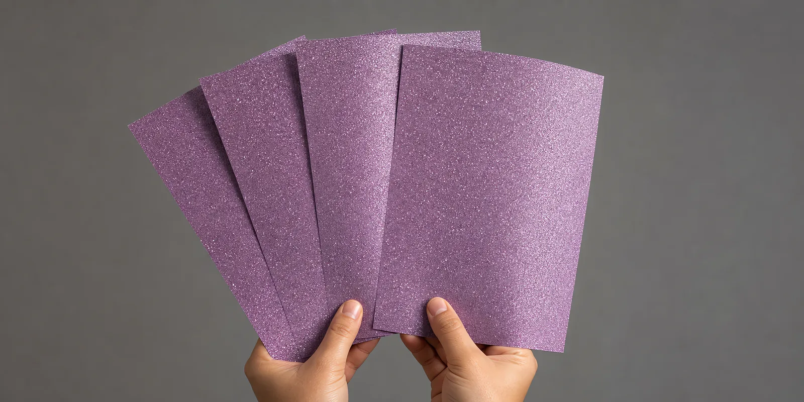 Manos sosteniendo varias hojas de papel con glitter indigo de los sueños abiertas en abanico