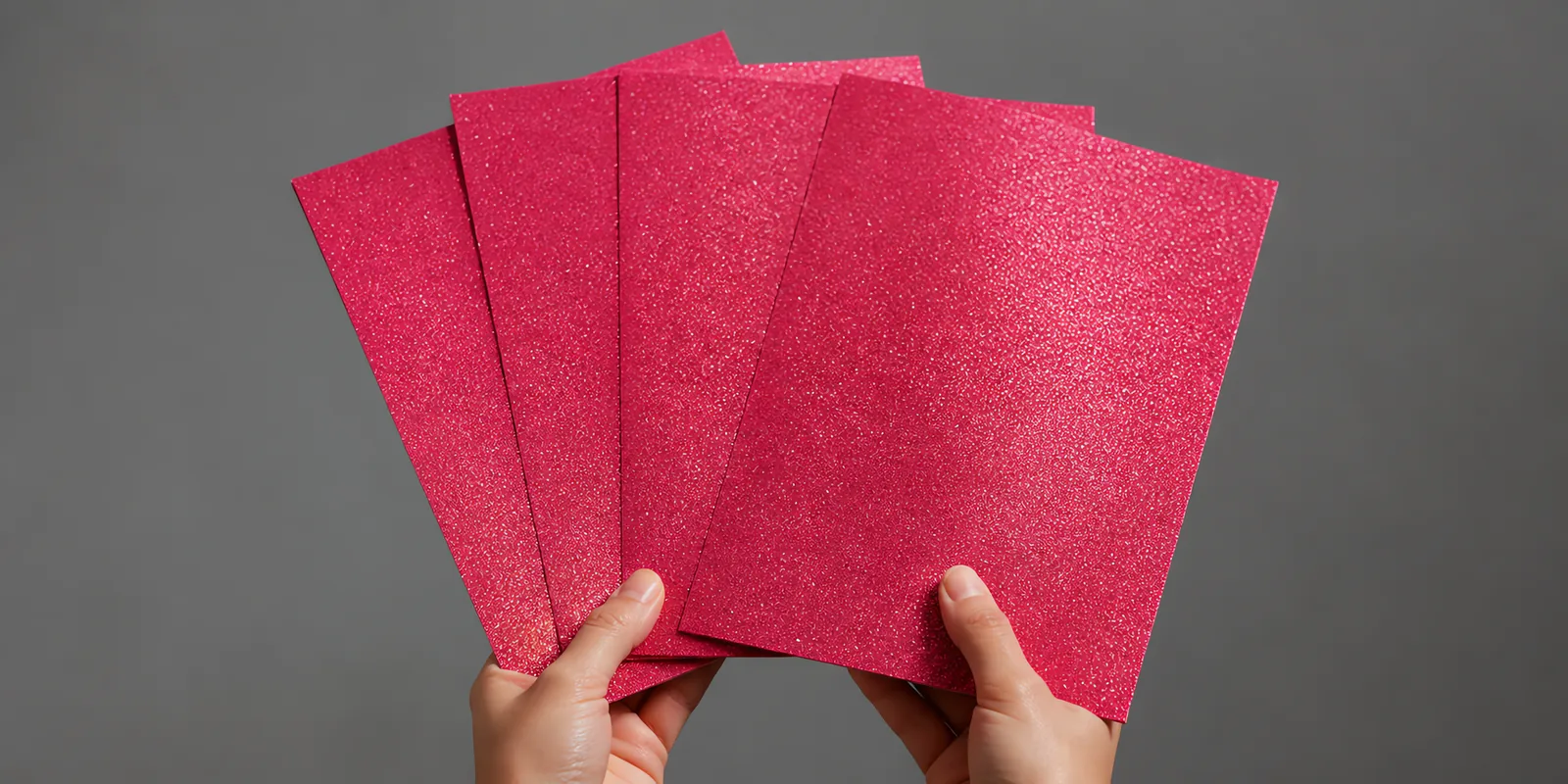 Manos sosteniendo varias hojas de papel con glitter lavanda del bosque abiertas en abanico