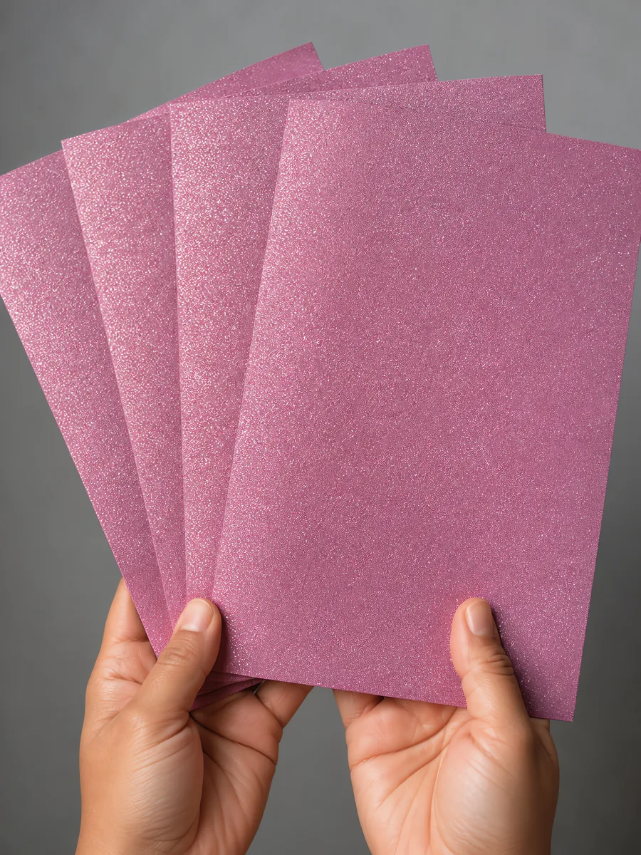 Manos sosteniendo varias hojas de papel con glitter lila magico abiertas en abanico