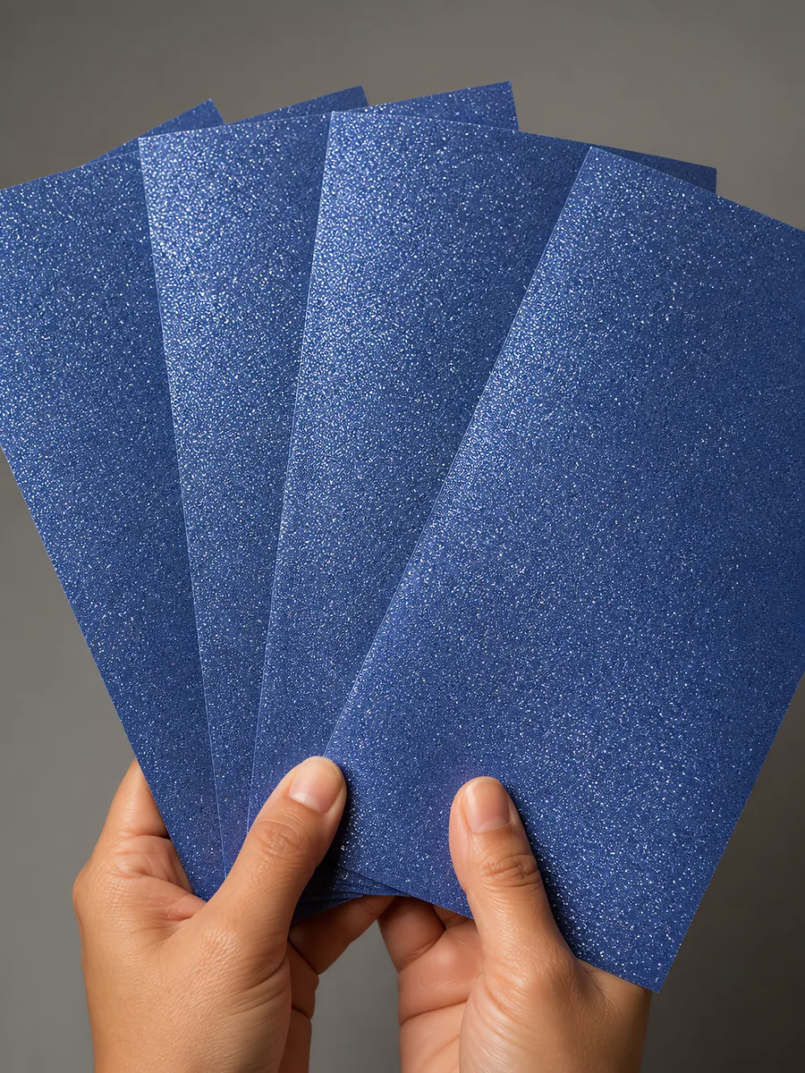 Manos sosteniendo varias hojas de papel con glitter luna azul abiertas en abanico