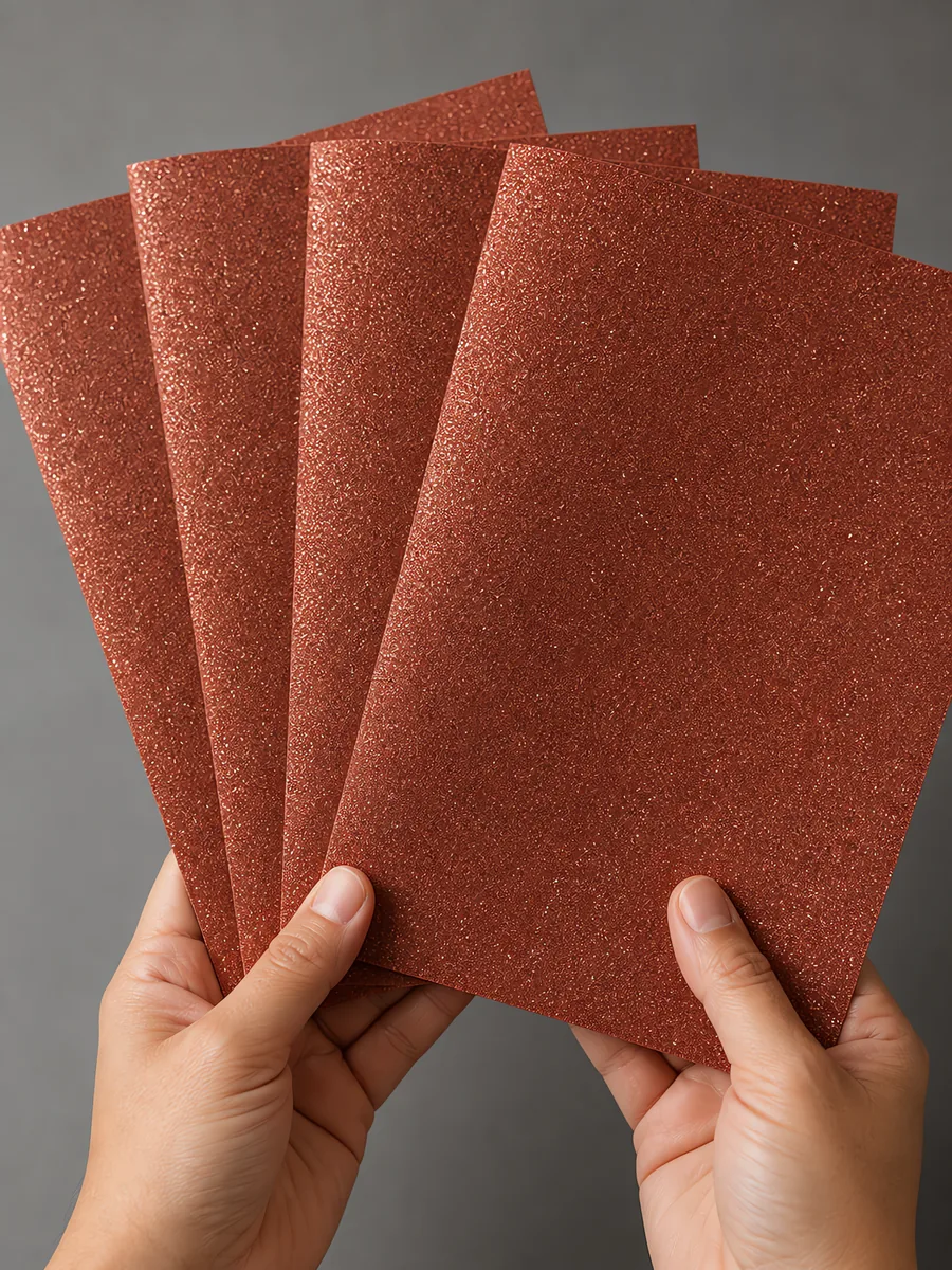 Manos sosteniendo varias hojas de papel con glitter marrón roble antiguo abiertas en abanico