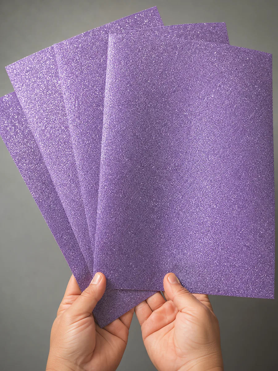 Manos sosteniendo varias hojas de papel con glitter morado mistico abiertas en abanico