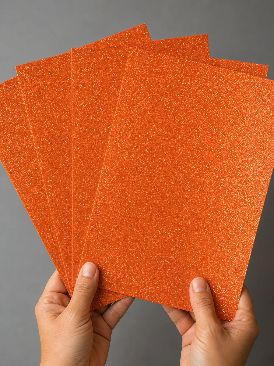 Manos sosteniendo varias hojas de papel con glitter naranja linterna de fuego abiertas en abanico