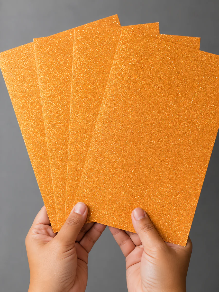 Manos sosteniendo varias hojas de papel con glitter naranja llama encantada abiertas en abanico