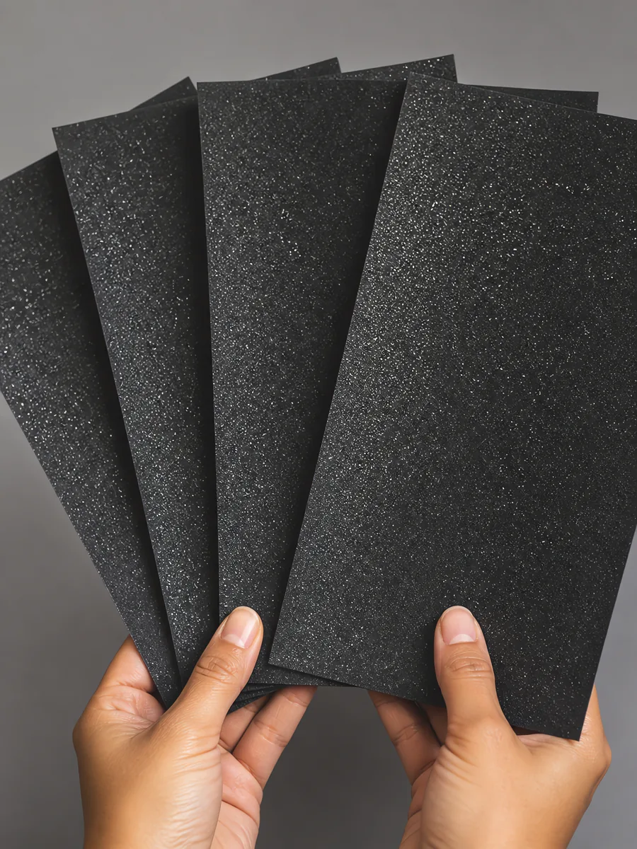 Manos sosteniendo varias hojas de papel con glitter negro torre embrujada abiertas en abanico