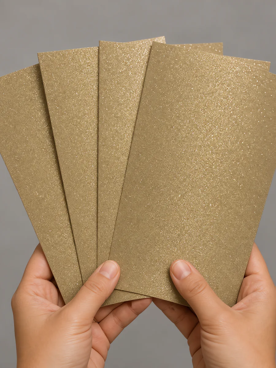 Manos sosteniendo varias hojas de papel con glitter oro polvo magico abiertas en abanico