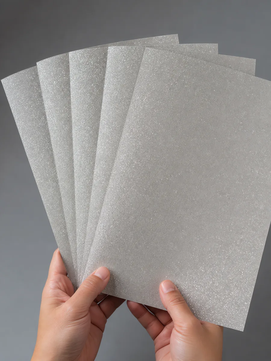 Manos sosteniendo varias hojas de papel con glitter plateado estrella fugaz abiertas en abanico