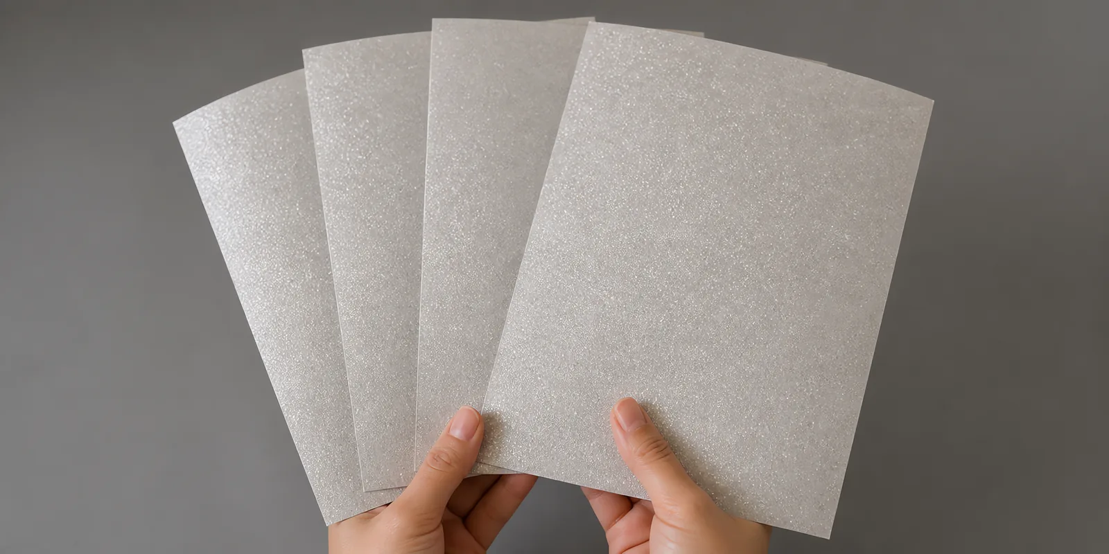 Manos sosteniendo varias hojas de papel con glitter plateado estrella fugaz abiertas en abanico