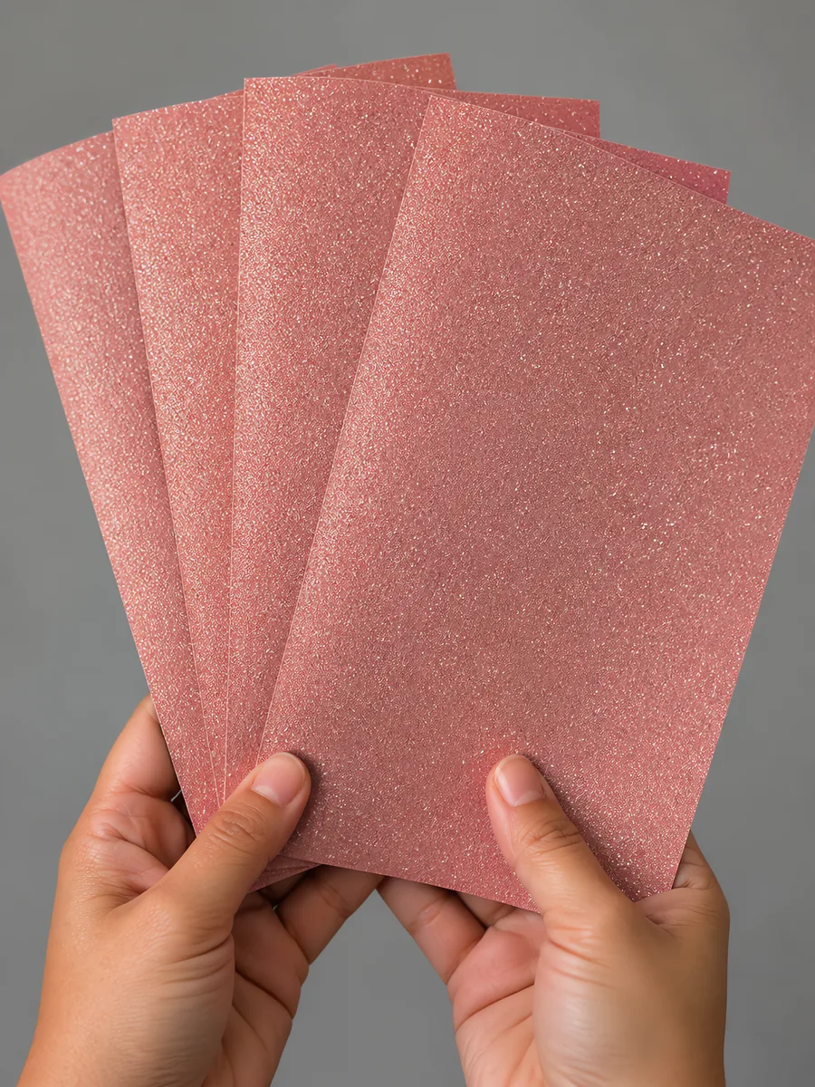 Manos sosteniendo varias hojas de papel con glitter rosa gardenia abiertas en abanico