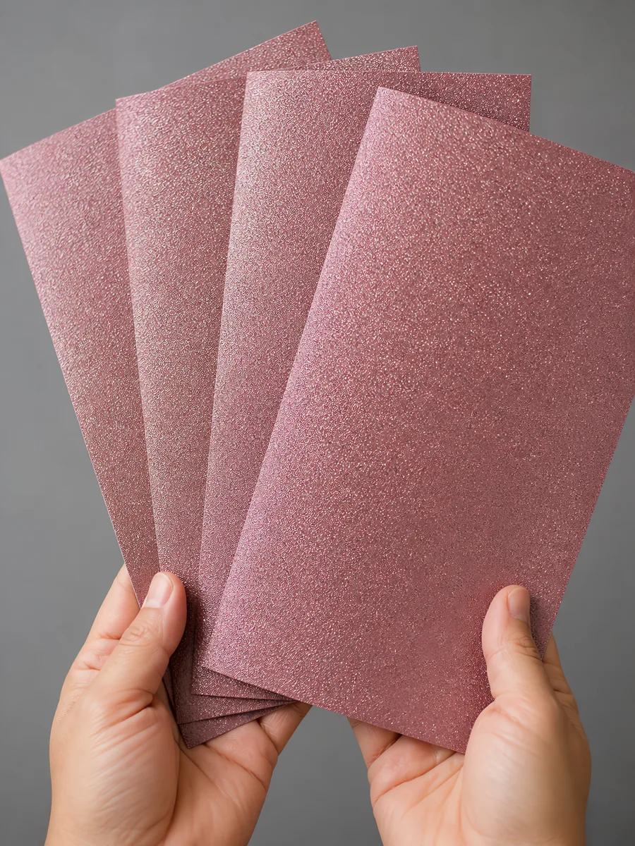 Manos sosteniendo varias hojas de papel con glitter rosa hechizo de amor abiertas en abanico