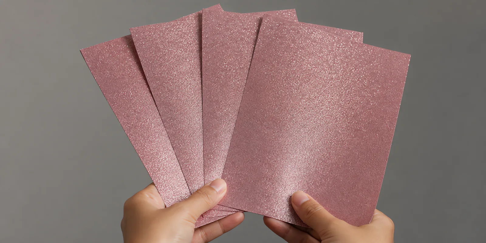 Manos sosteniendo varias hojas de papel con glitter rosa hechizo de amor abiertas en abanico