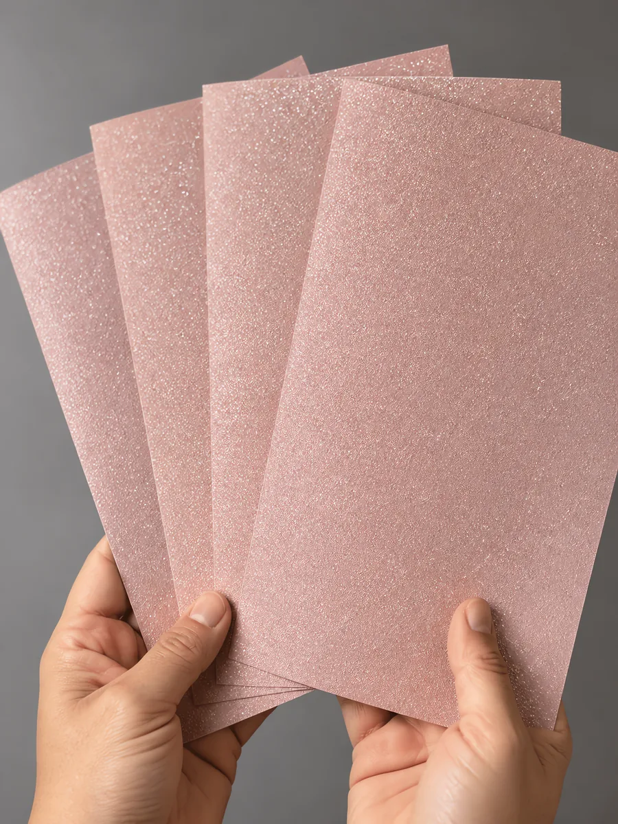 Manos sosteniendo varias hojas de papel con glitter rosa romance abiertas en abanico