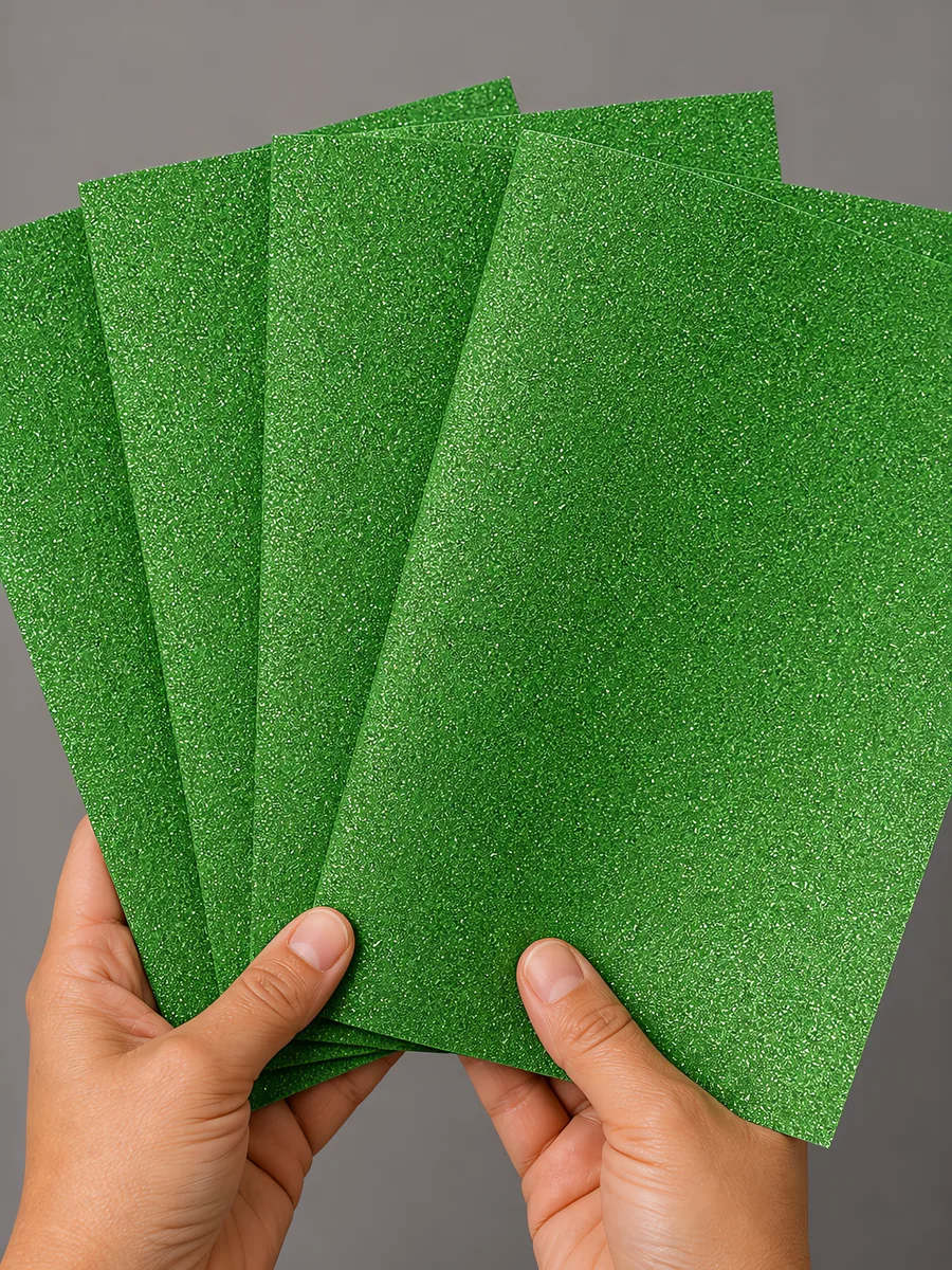 Manos sosteniendo varias hojas de papel con glitter verde bosque encantado abiertas en abanico