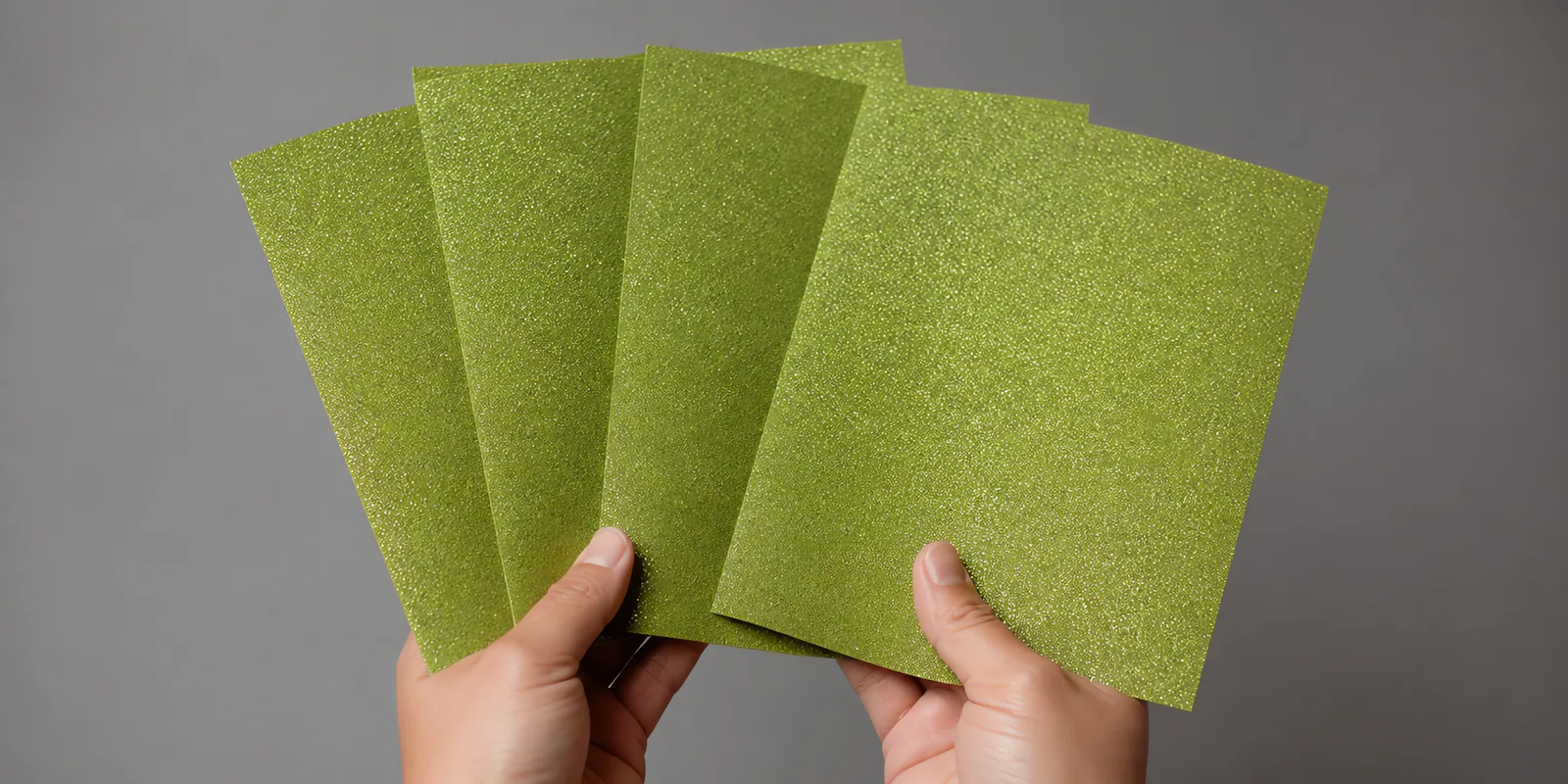 Manos sosteniendo varias hojas de papel con glitter verde trebol de la suerte abiertas en abanico