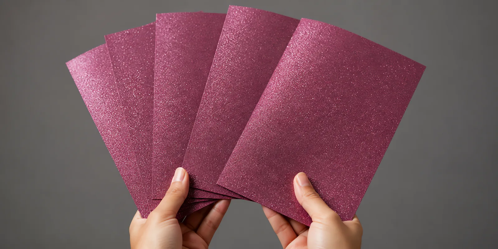 Manos sosteniendo varias hojas de papel con glitter violeta alfombra magica abiertas en abanico