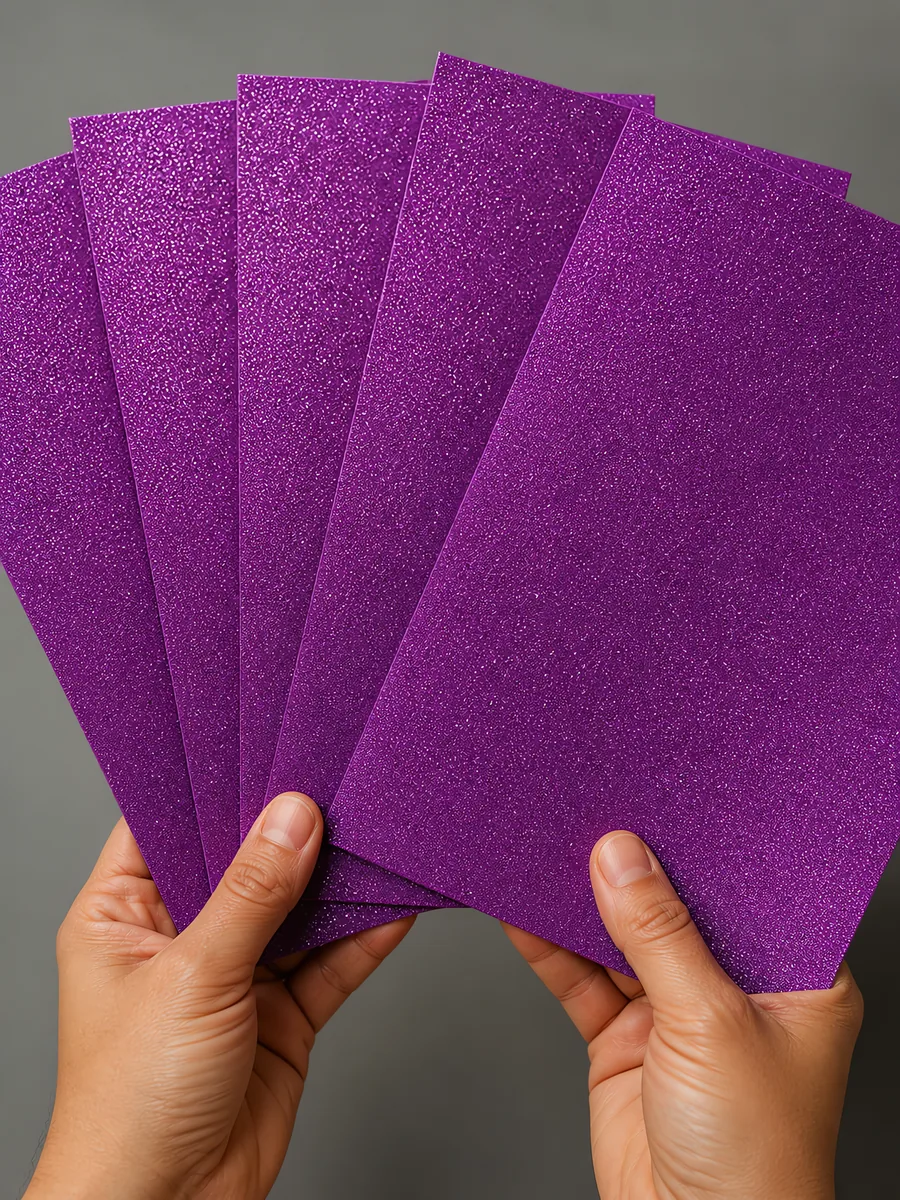 Manos sosteniendo varias hojas de papel con glitter violeta grial abiertas en abanico