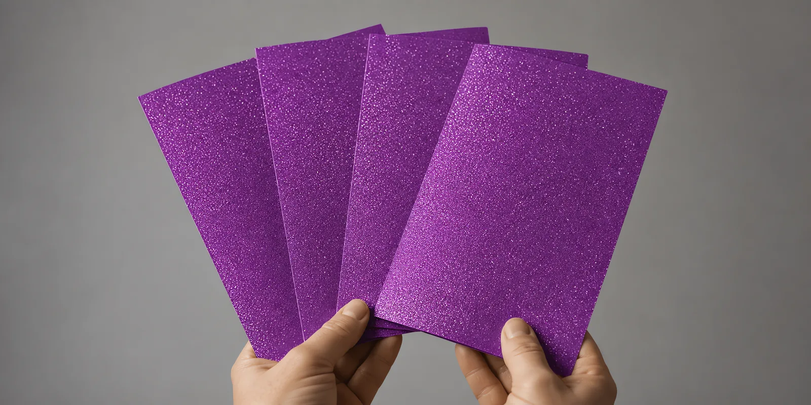 Manos sosteniendo varias hojas de papel con glitter violeta grial abiertas en abanico