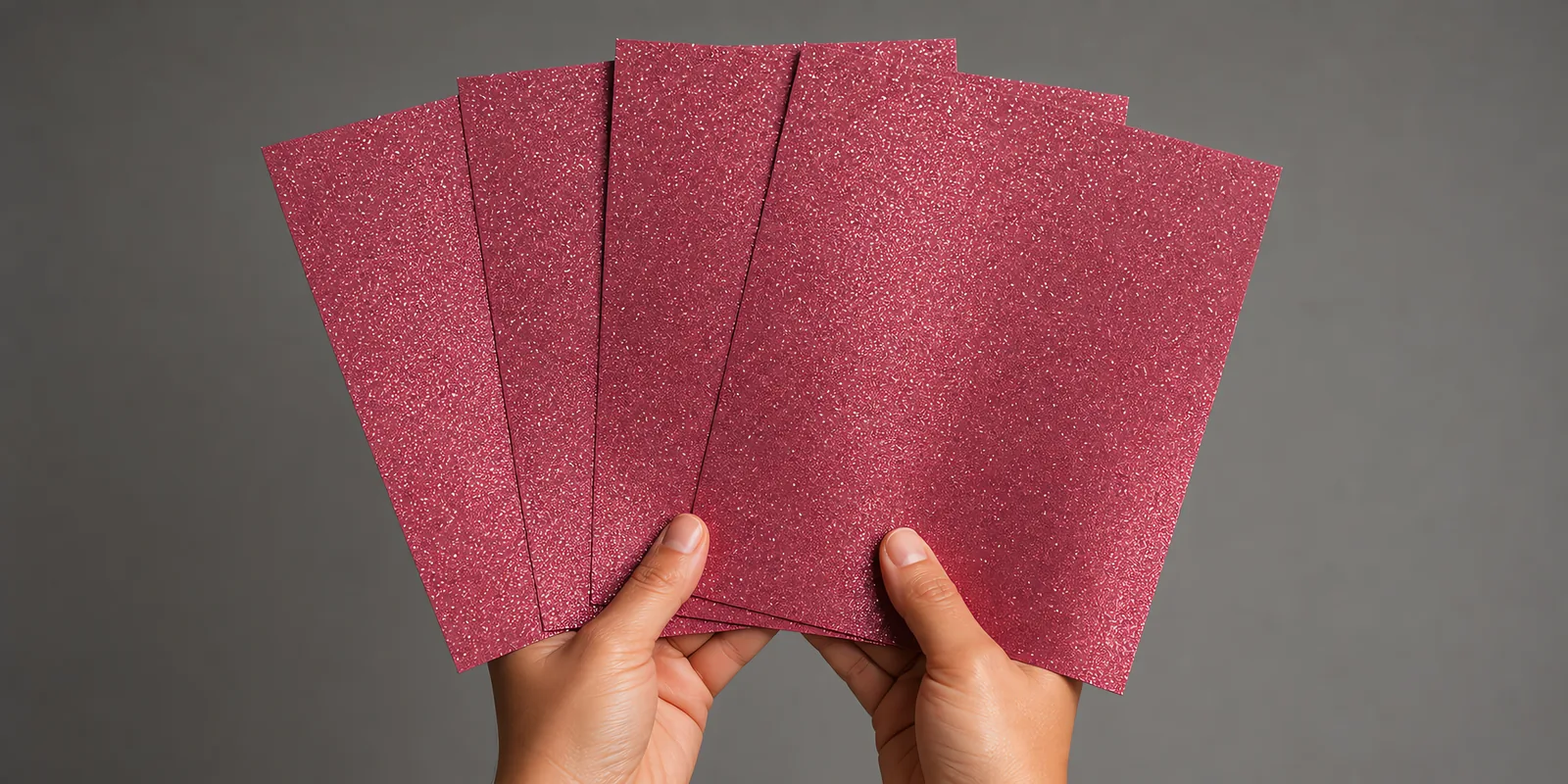 Manos sosteniendo varias hojas de papel con glitter violeta valle de fantasia abiertas en abanico
