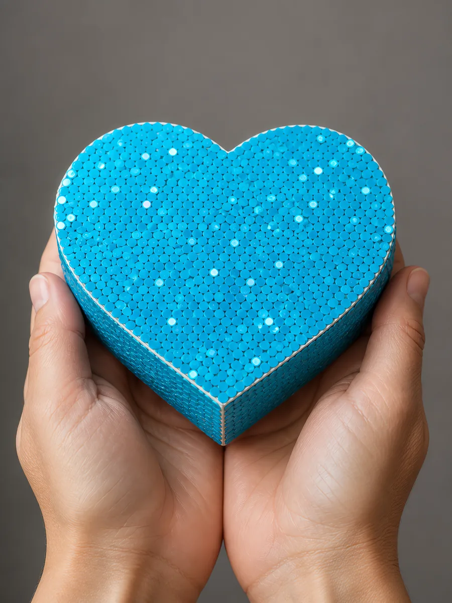 Manos sosteniendo una cajita de corazón de papel con glitter en escamas, en el tono azul katy