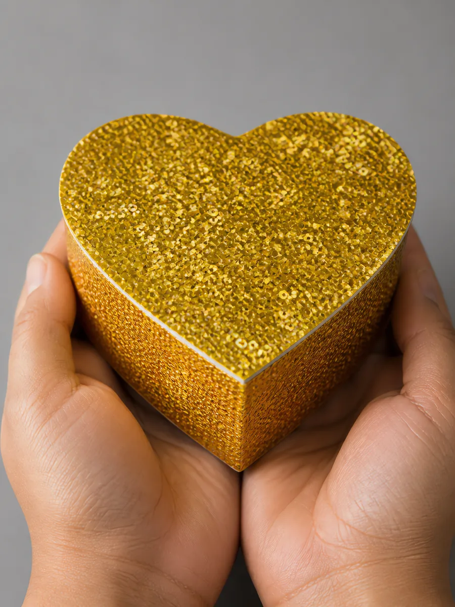 Manos sosteniendo una cajita de corazón de papel con glitter en escamas, en el tono dorado ari
