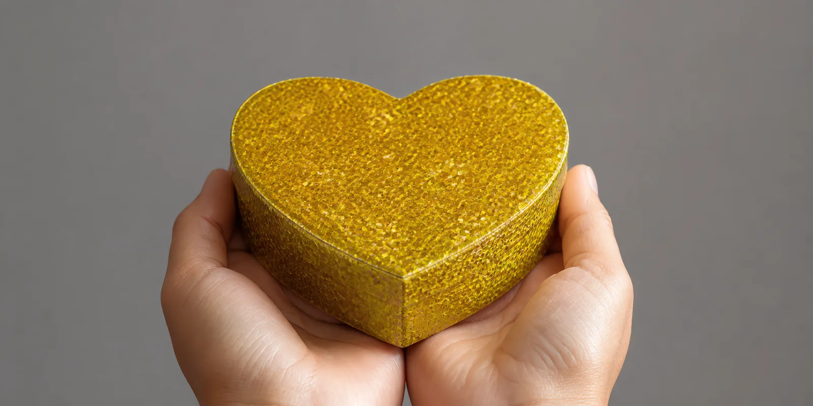 Manos sosteniendo una cajita de corazón de papel con glitter en escamas, en el tono dorado ari