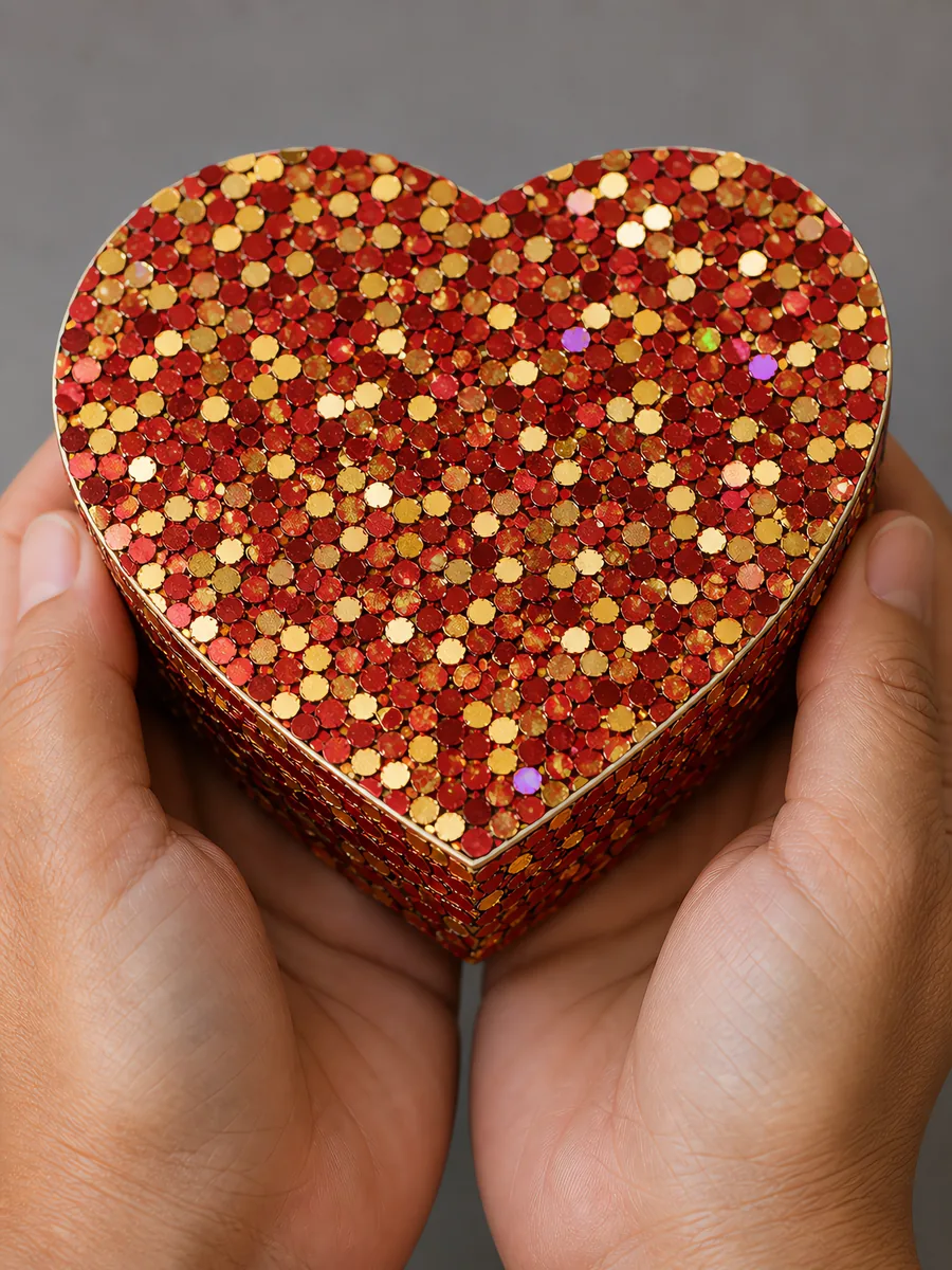 Manos sosteniendo una cajita de corazón de papel con glitter en escamas, en el tono dorado y rojo selena