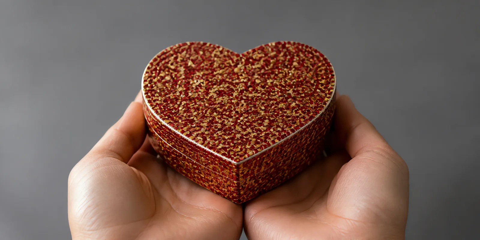 Manos sosteniendo una cajita de corazón de papel con glitter en escamas, en el tono dorado y rojo selena