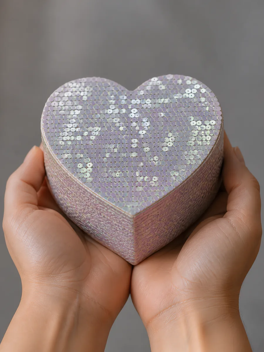 Manos sosteniendo una cajita de corazón de papel con glitter en escamas, en el tono iridiscentes dua