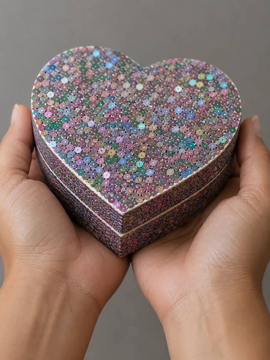 Manos sosteniendo una cajita de corazón de papel con glitter en escamas, en el tono multicolor gaga