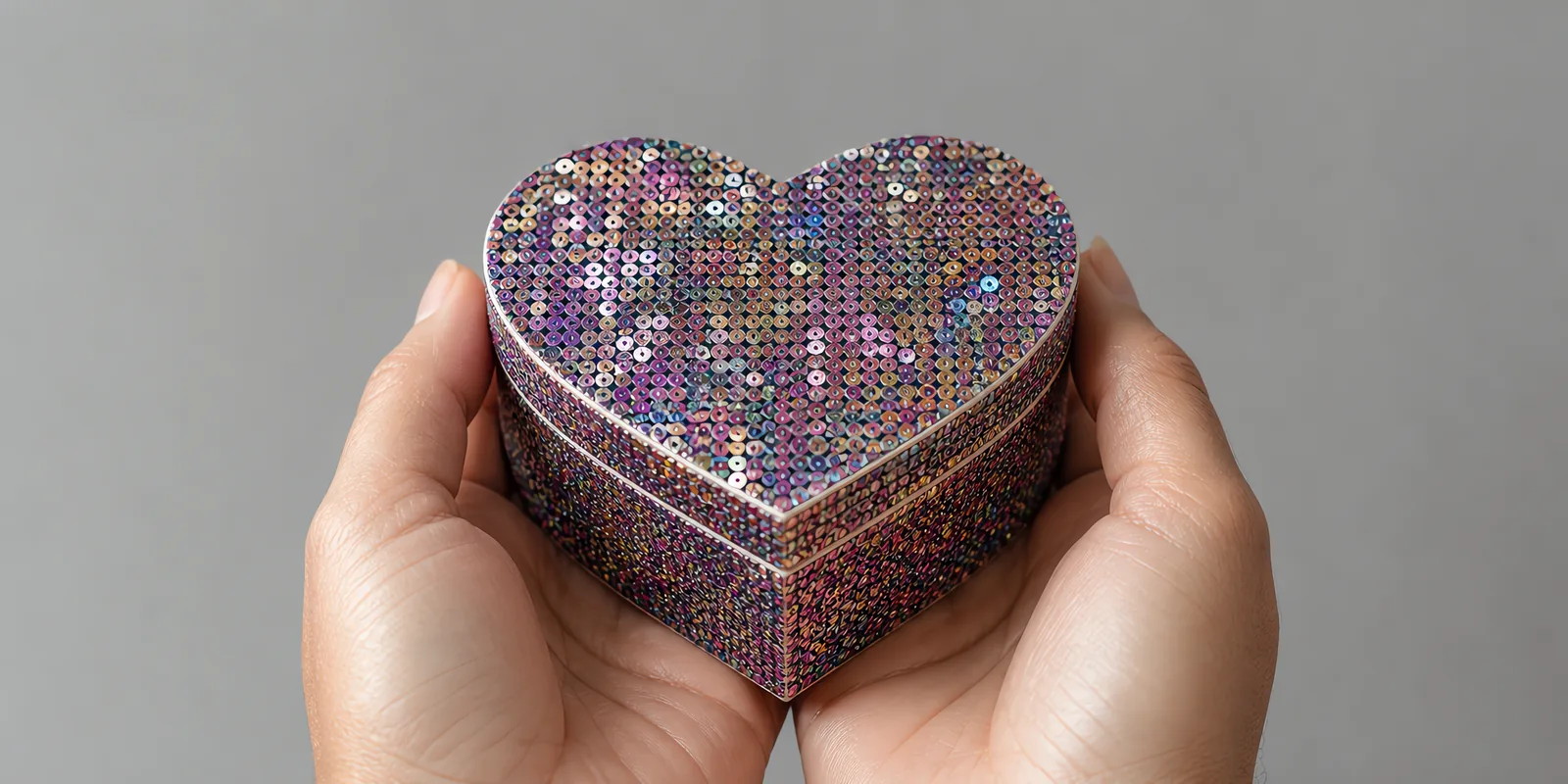 Manos sosteniendo una cajita de corazón de papel con glitter en escamas, en el tono multicolor gaga