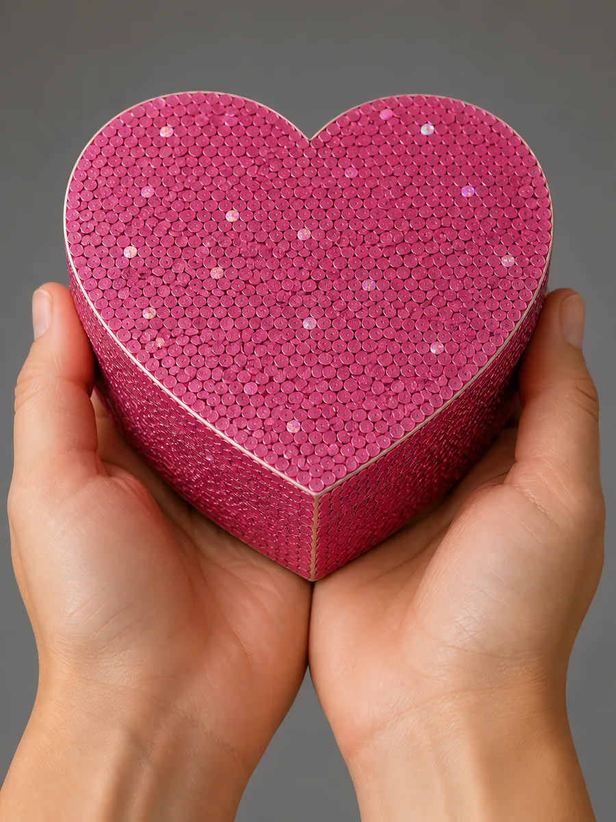 Manos sosteniendo una cajita de corazón de papel con glitter en escamas, en el tono rosa britney