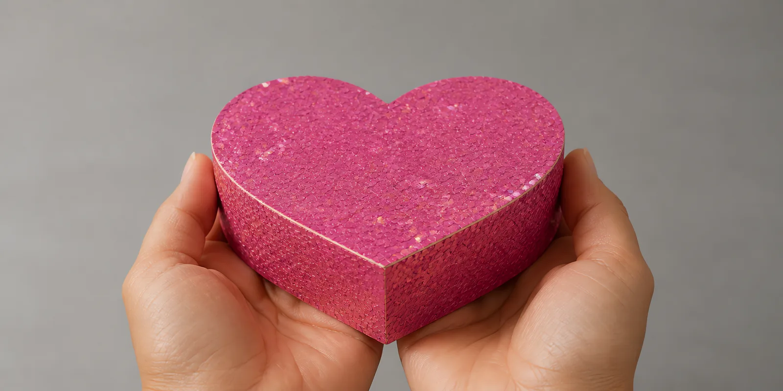Manos sosteniendo una cajita de corazón de papel con glitter en escamas, en el tono rosa britney